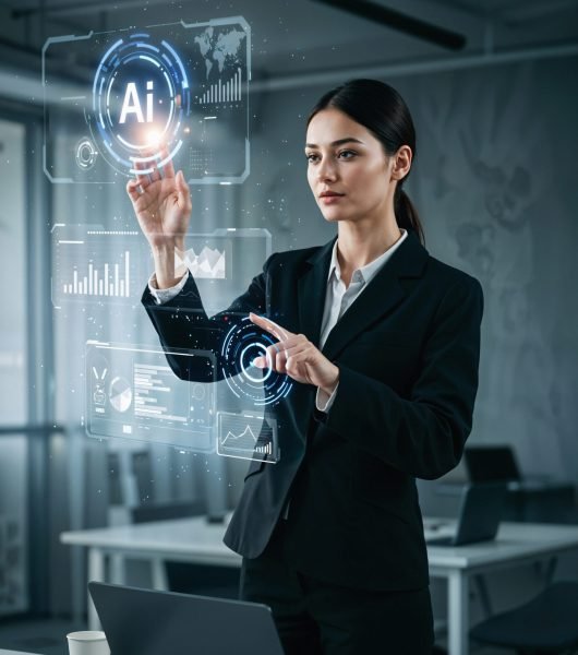 businesswoman-interacting-with-ai-hologram-office